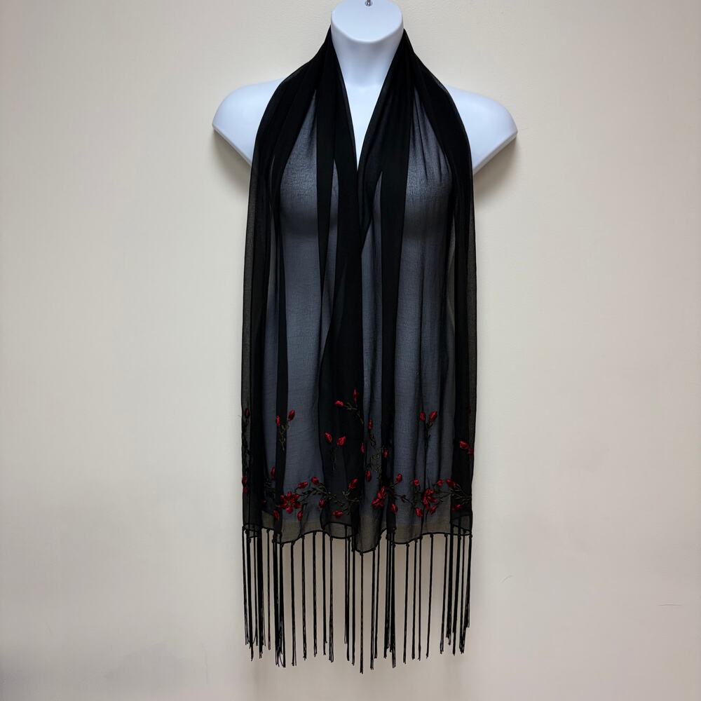Embroidered Sheer Black Scarf Wrap Red Floral Accent Fringe Romantic Whimsigoth